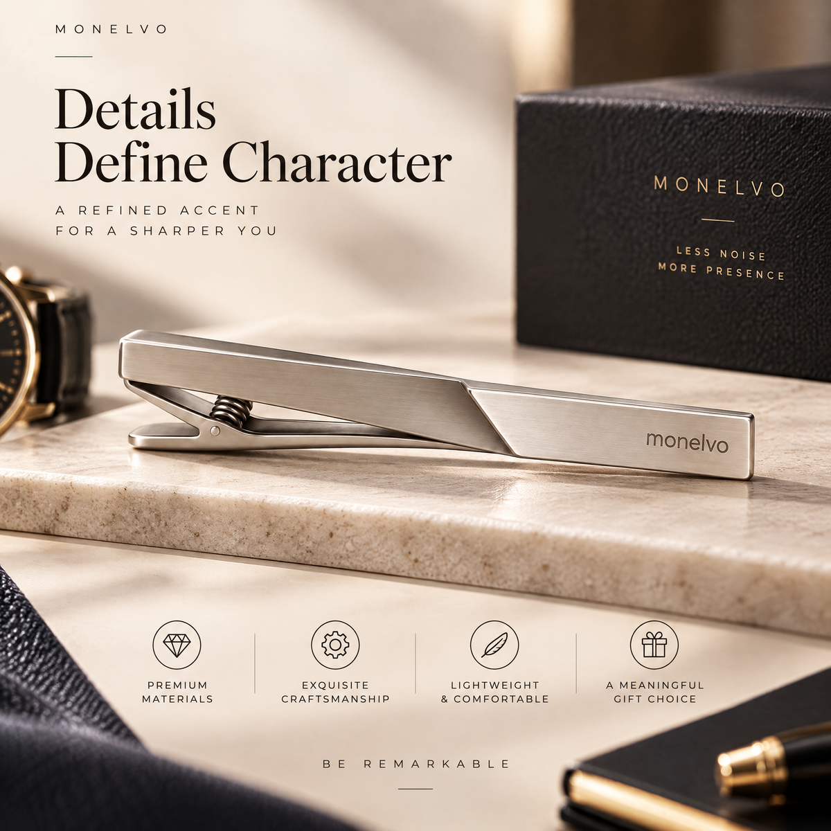 Monelvo™ Plane Shift Tie Clip material and detail view