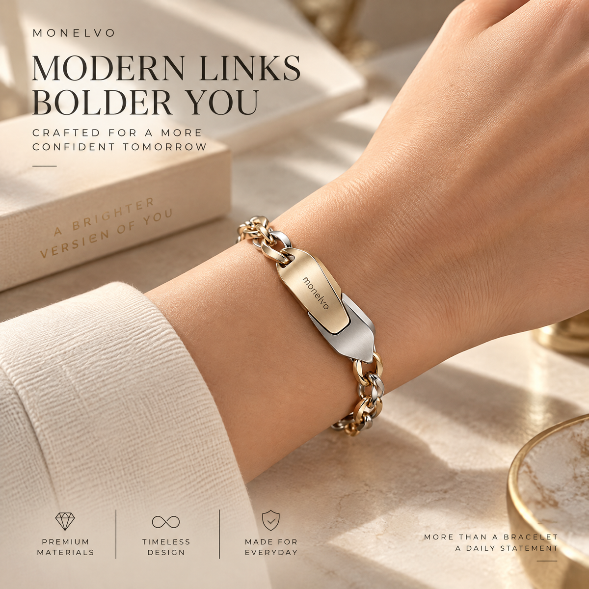 Monelvo™ Ribbon Lock Chain Bracelet material and detail view
